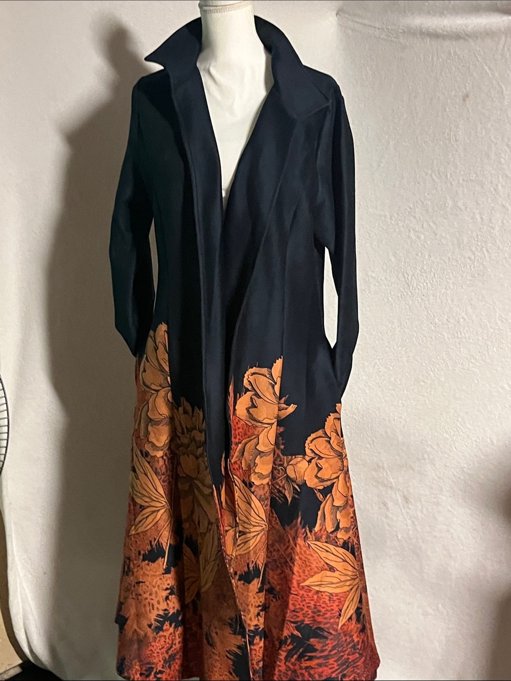 Adore suede leather trench coat blue with Burnt Orange Floral Hem